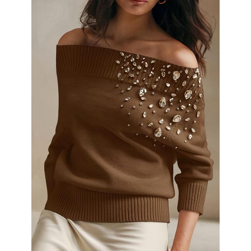 YYFS Women s Fashion Casual Fall Winter Long Sleeve One Shoulder Sweaters S темно-коричневого