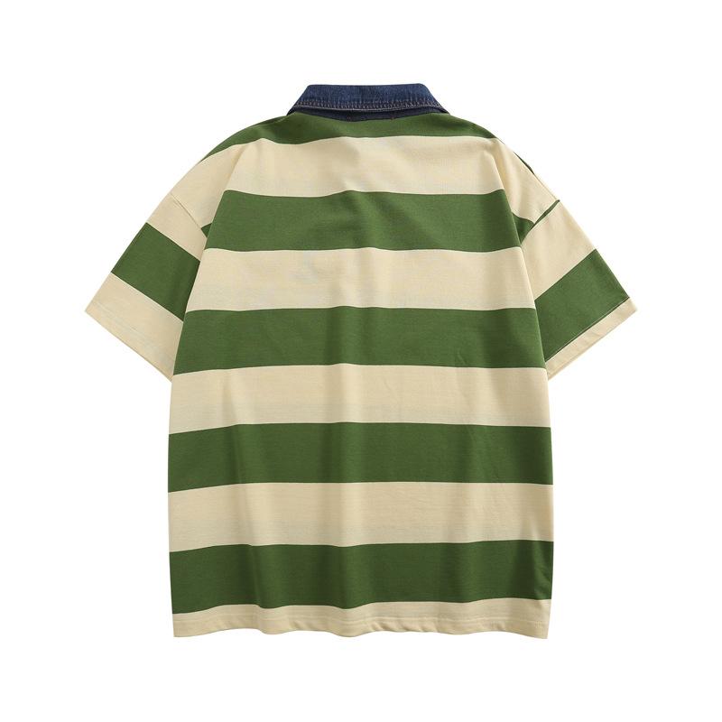 Splicing Contrasting Color Striped Short-Sleeved Polo Shirt Men'S American Retro Design Loose Bf Style Casual Couple Top