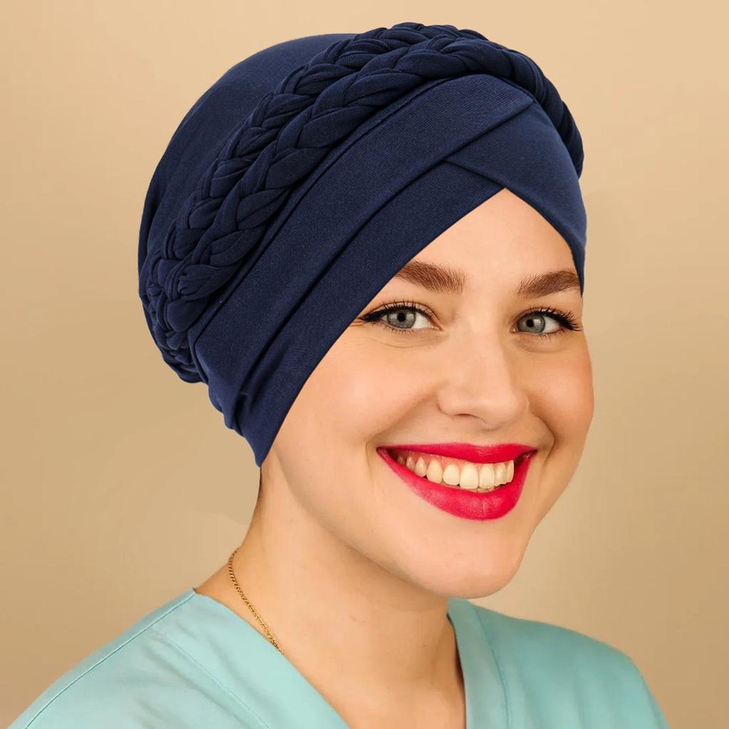 Solid Color Muslim Turban Hat Single Color Milk Silk Two Braids Headscarf Hat