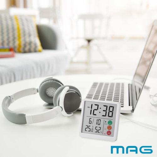 MAG Thermometer/Hygrometer, Digital Temperature and Humidity Meter, Environmental Guide Display, Comfortable, High Humidity, Dry, Clock Display, Compa