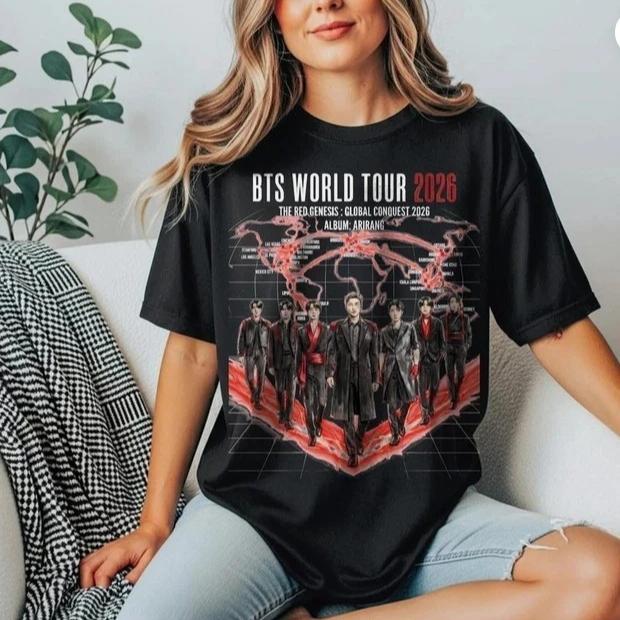 Kpop BTS World Tour 2026 the Red Genesis Map Print Oversized Casual Short Sleeve T-Shirt for Men And Women Korean Fans Gift Tops