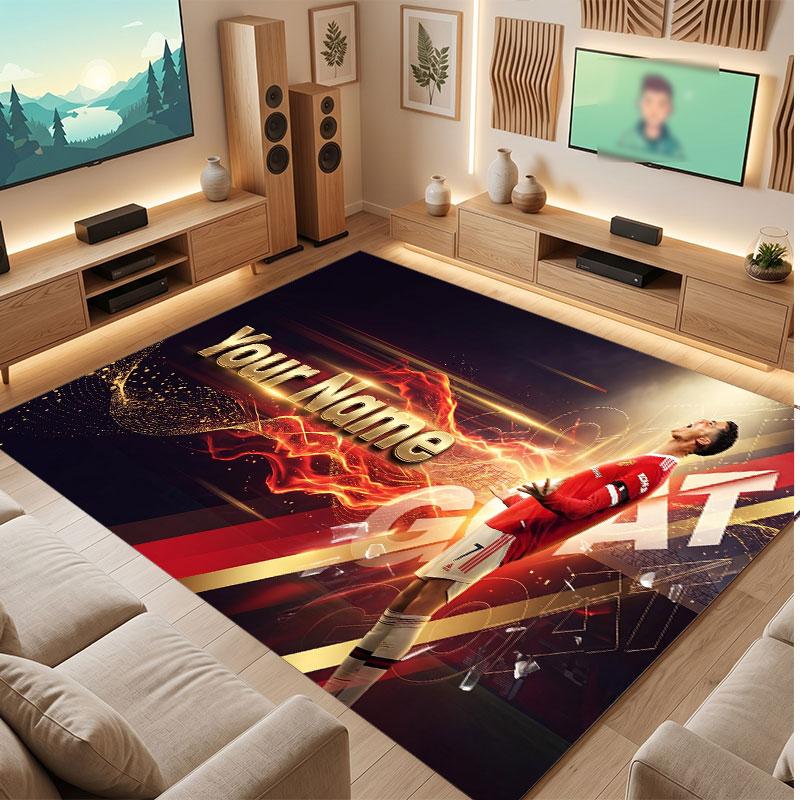 Cristiano Ronaldo Custom Crystal Velvet Rug, Personalized Name Text Print, Football Logo Soft Non‑Slip Floor Mat Home Decor Gift