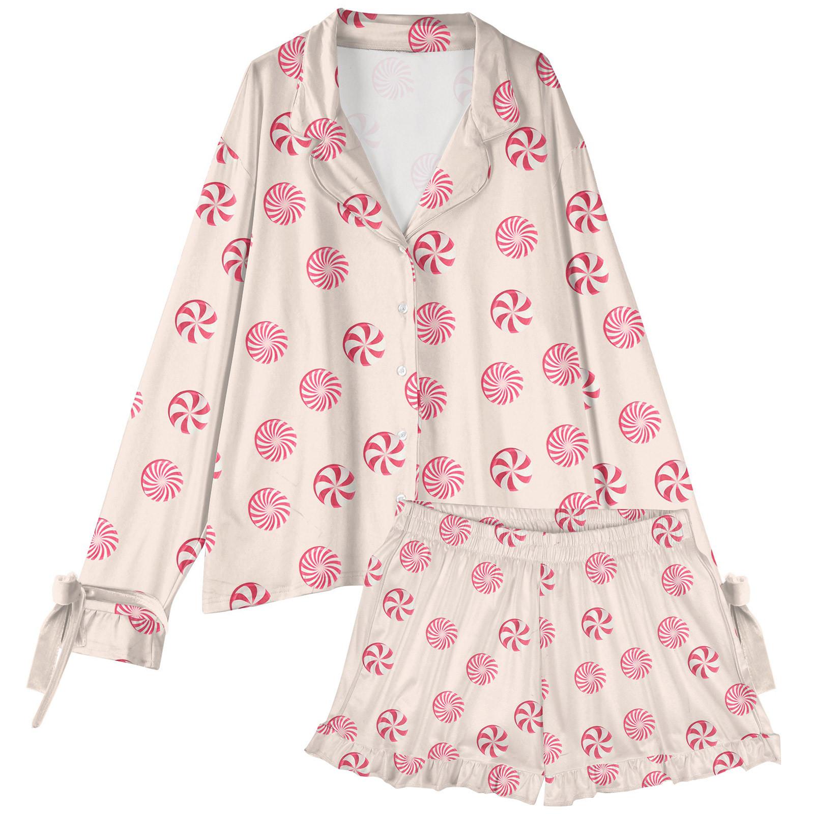 

Женский костюм из 2 предметов с принтом, топ на пуговицах с длинными рукавами, широкие брюки, комплект, пижамный домашний повседневный костюм L бежевый