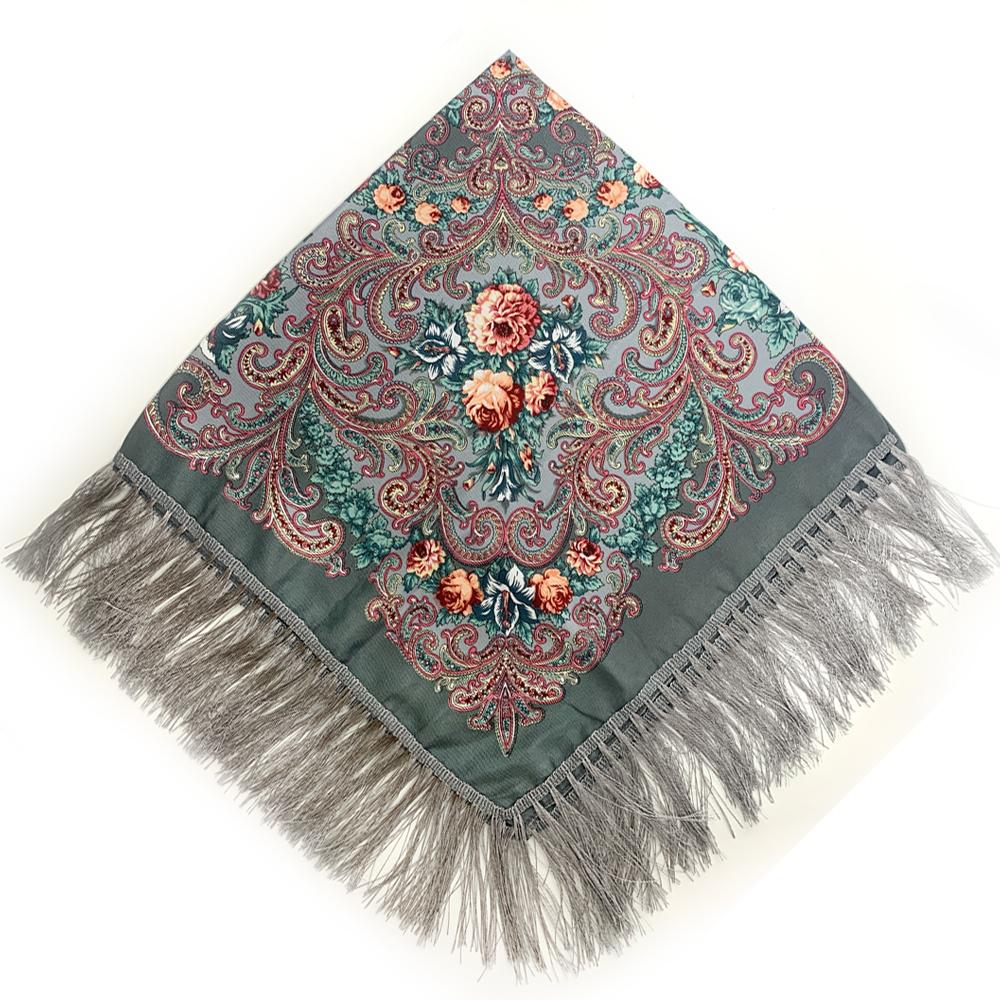 

90*90cm Women Russian National Square Scarf Luxury Floral Print Russian Shawls Scarves Female Retro Fringed Foulard Wraps