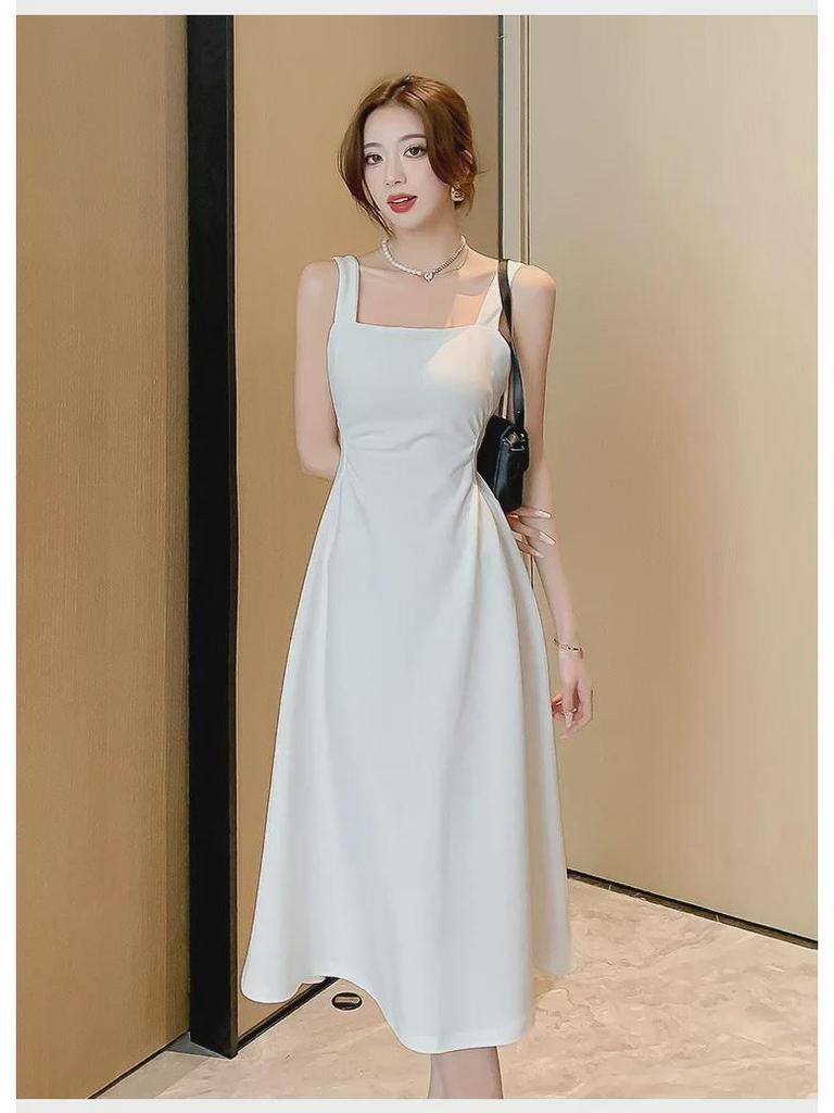 Women's French-Style White Suspender Dress - Summer Cool, Square Neck, Slim Waist, A-Line Long Skirt