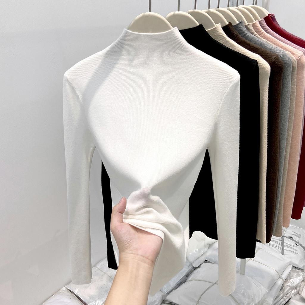 Semi-turtleneck white angola red knitted sweater women's autumn and winter slim-fitting and thin top basic inner bottoming shirt