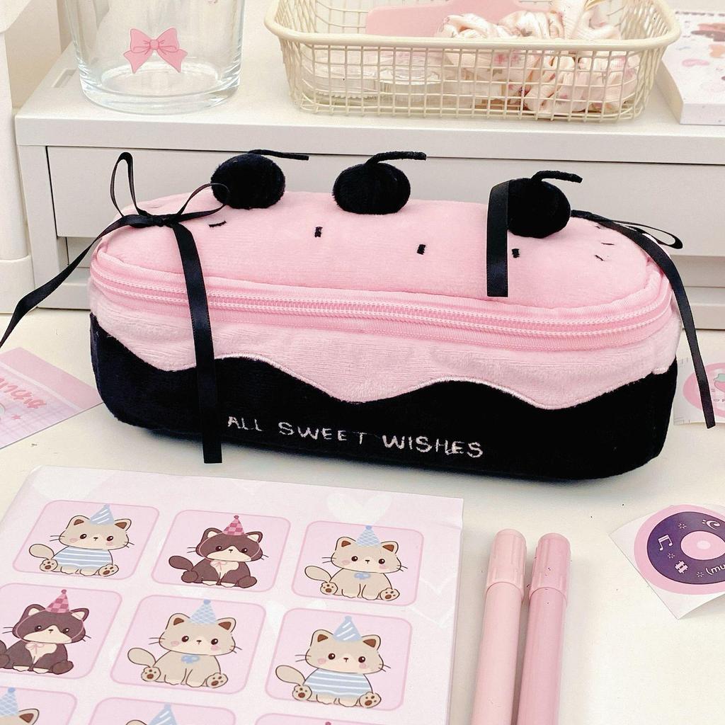 Elegante Astuccio Sottile in Peluche Ciliegia - Stile Coreano per Studenti delle Scuole Superiori