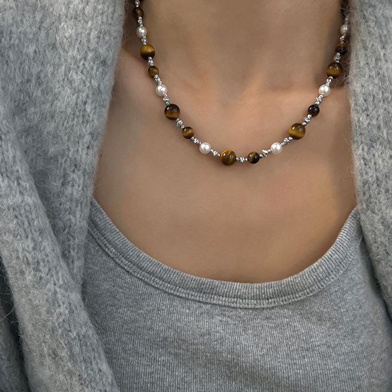 Maillard autumn and winter tiger's eye stone pearl necklace retro elegant and versatile personality neck chain collarbone chain