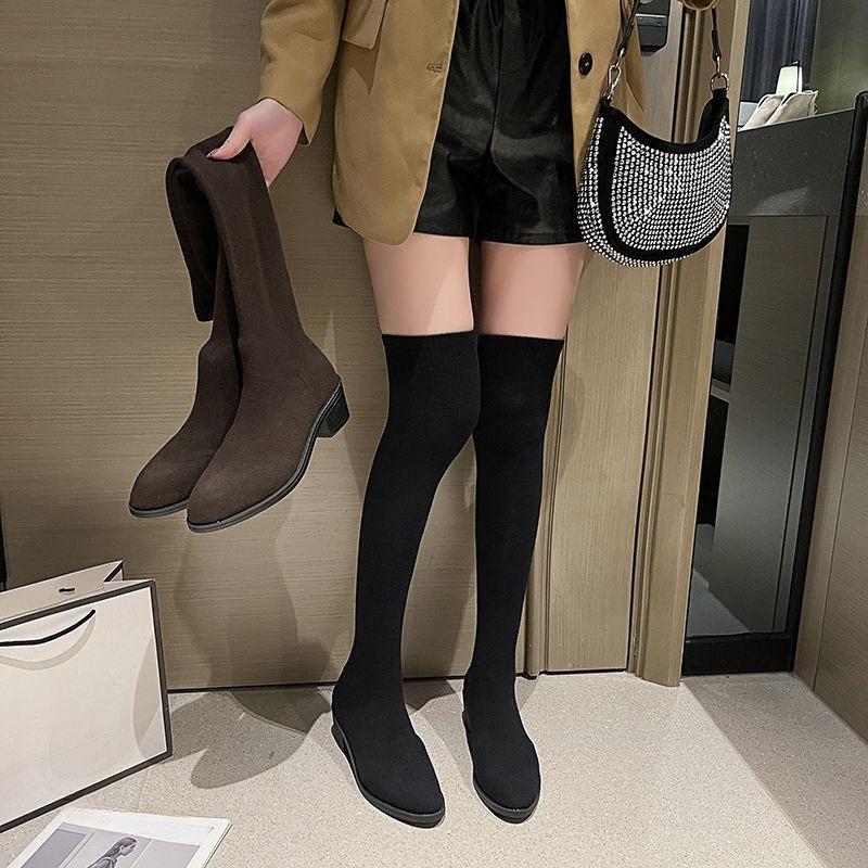 Spring Autumn Elastic Middle Heel Pointed Toe Women's Thigh High Boots Gyaru Cosplay Goth Ladies Sock Above Over The Knee Shoes