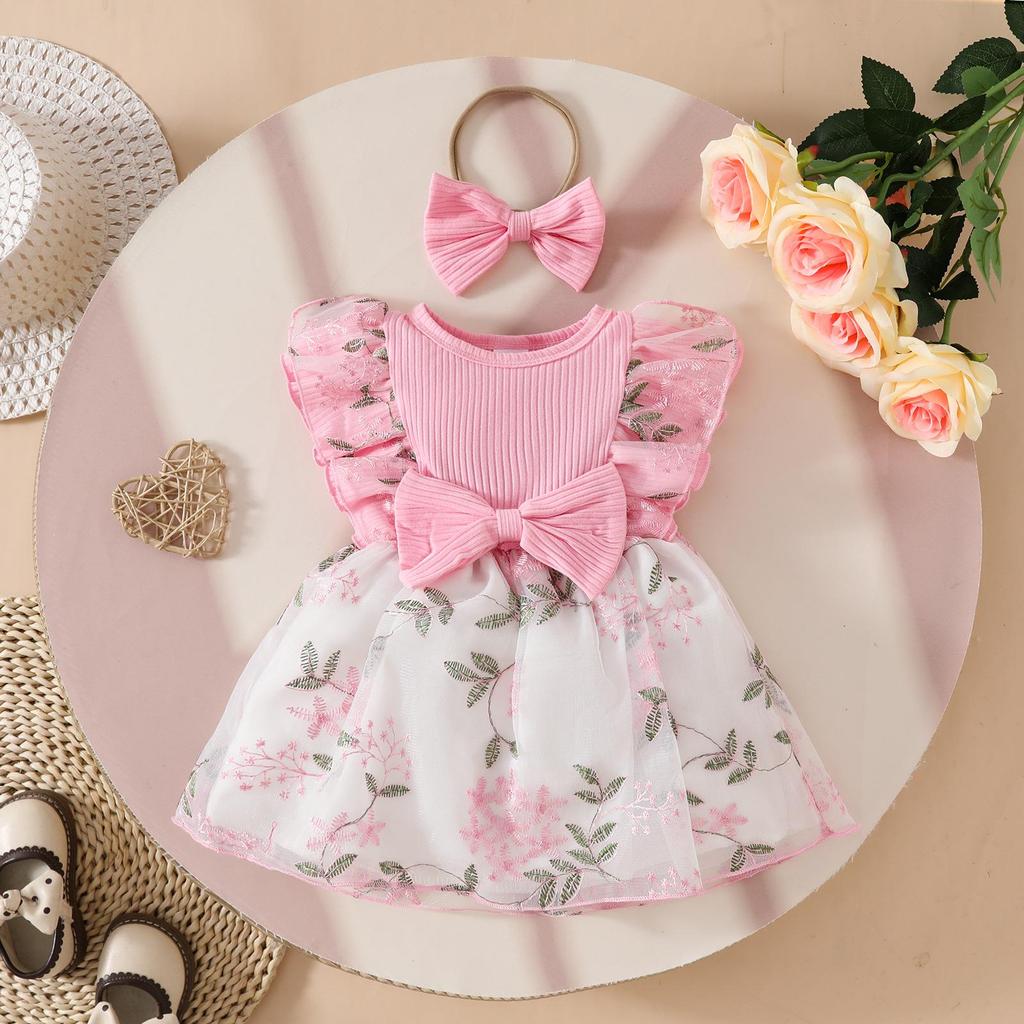 Baby Ruffle Bow Flower Mesh Dress Jumpsuit for 0-2 Years
