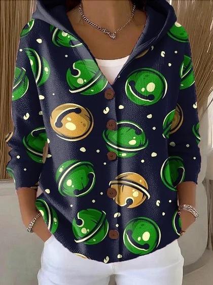 New V-neck button long-sleeved hooded sweater autumn and winter Christmas fashion personalized coat women