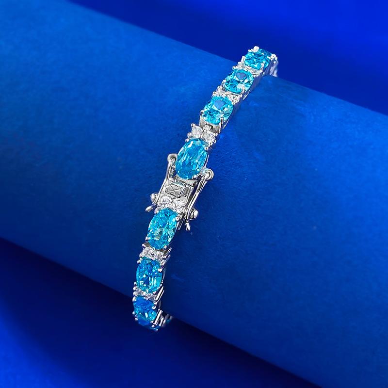 High Carbon Diamond Light Luxury Temperament 4 * 6 Sea Blue Diamond Full Diamond High-End Bracelet