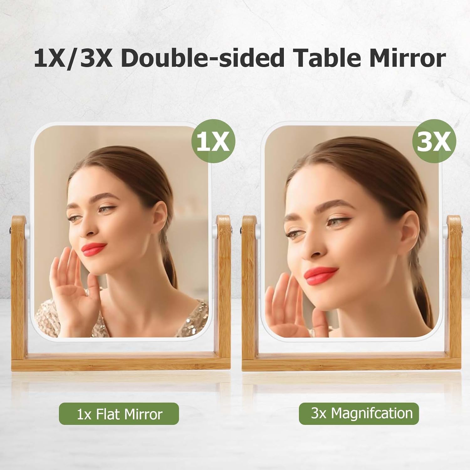 LFOYOU Vanity Makeup Mirror with Natural Bamboo Stand, Double Sided 360 Degree Swivel Magnifying Mirror, Tabletop Magnified Make up Mirror for
