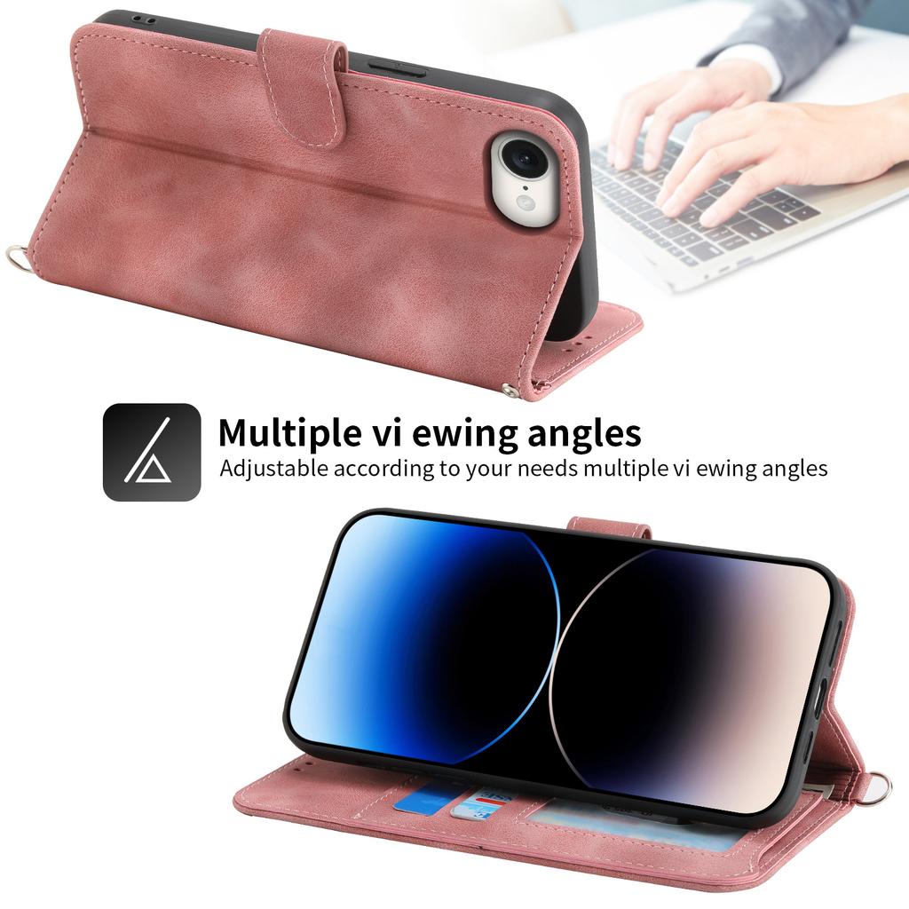 For iPhone 16e Leather Case Multiple Card Slots Phone Cover with 2 Straps