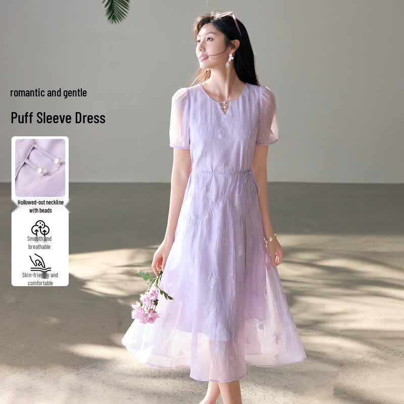Puff Sleeve Tie-Waist Cinched Dress M