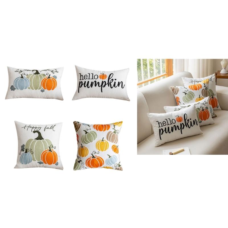 Cushion Cover Colorful Pumpkin Embroidery Cushion Case Throw Pillow Cover for Sofa and Bedroom Comfort, Poly Cotton