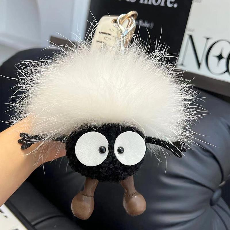 15cm Cute Cartoon Wool Small Coal Ball Car Keychain Real Raccoon Fur Pendant Elf Plush Ball Bag Pendant Hobby Collection Gift