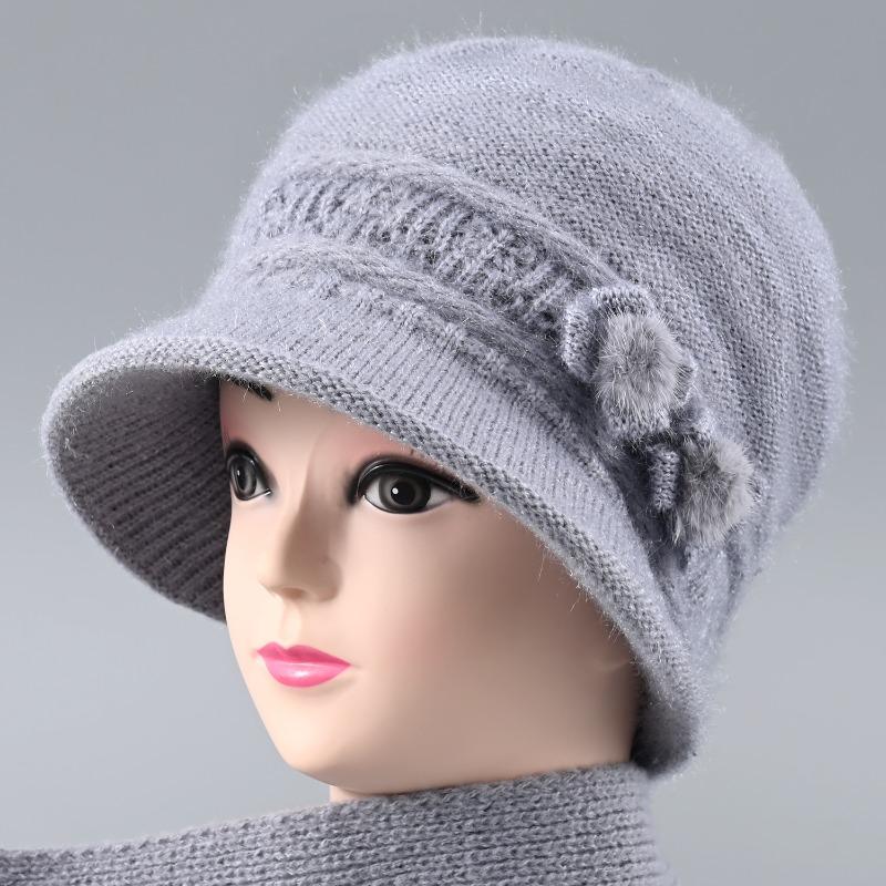 Hat Female Autumn and Winter Rabbit Hair Big Eaves Knitted Hat Old Hat Old Lady Fleece Warm Wool Hat