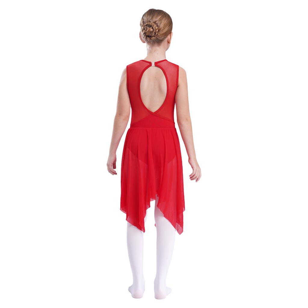 Kids Girls Lyrical Modern Contemporary Dance Dress Ballet Leotard Dress Cut Out Front Backless Mesh Tulle Skirt