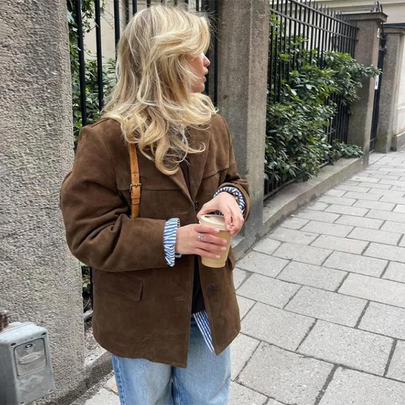 Jachetă de piele de căprioară vintage pentru femei cu rever cu buzunar paltoane pentru femei Hight Street Casual modă cardigan cu mânecă lungă toamnă iarnă jachete de bază maro