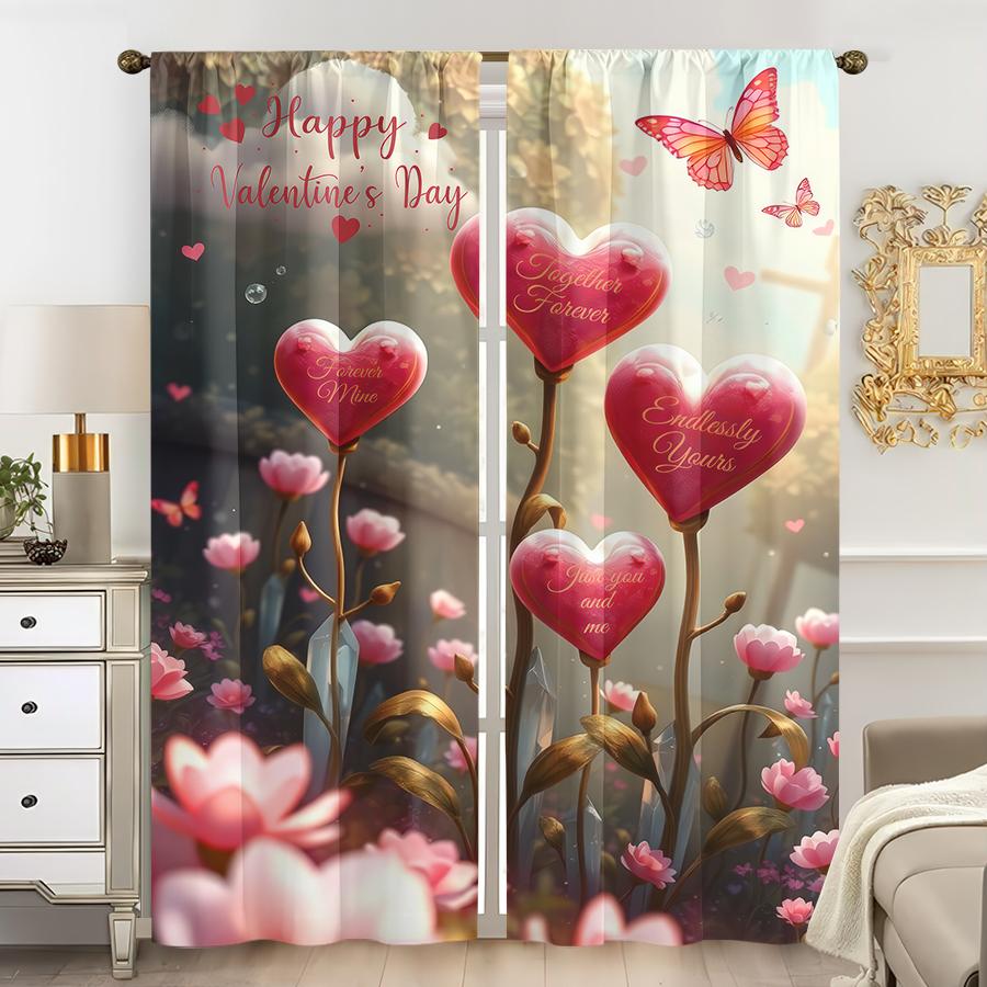 2PCS Pink Heart Flower Language Valentine's Day Curtains   Romantic Confession Style   Bedroom Living Room   Pull Up Pocket Style