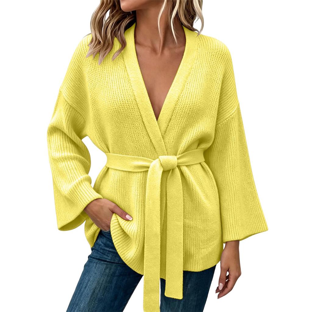 Women's Casual Knit Cardigan with Belted Waist Open Front Sweater for Everyday Wear
