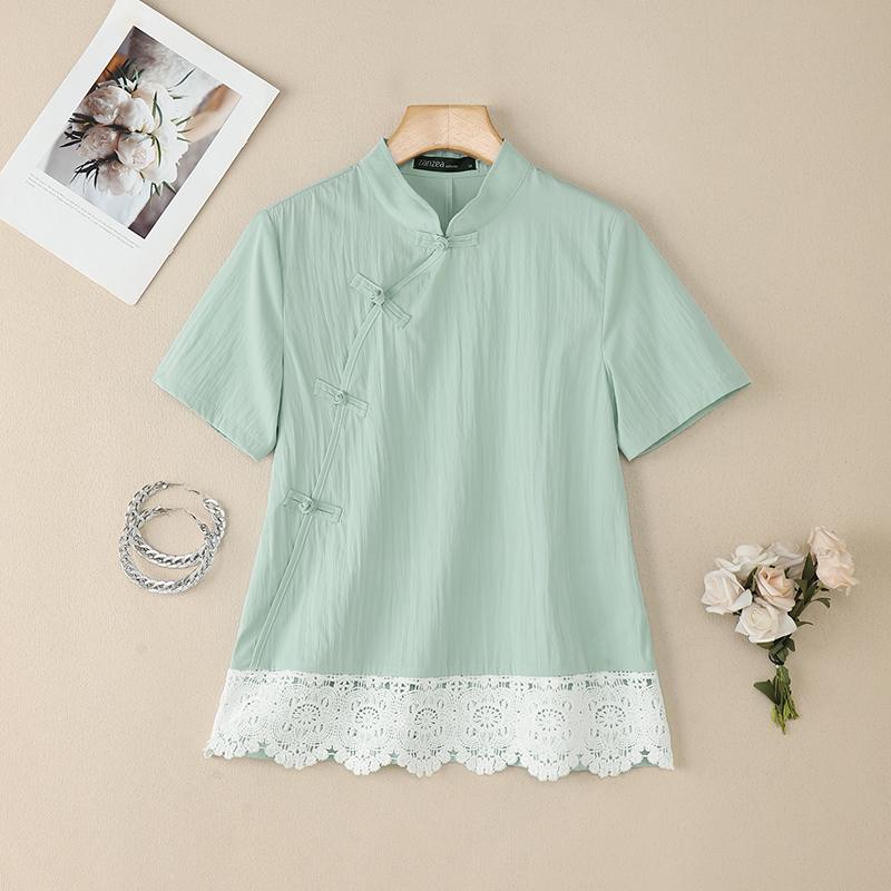 ZANZEA Women Summer Stand Collar Short Sleeve Lace Splice Casual Blouse
