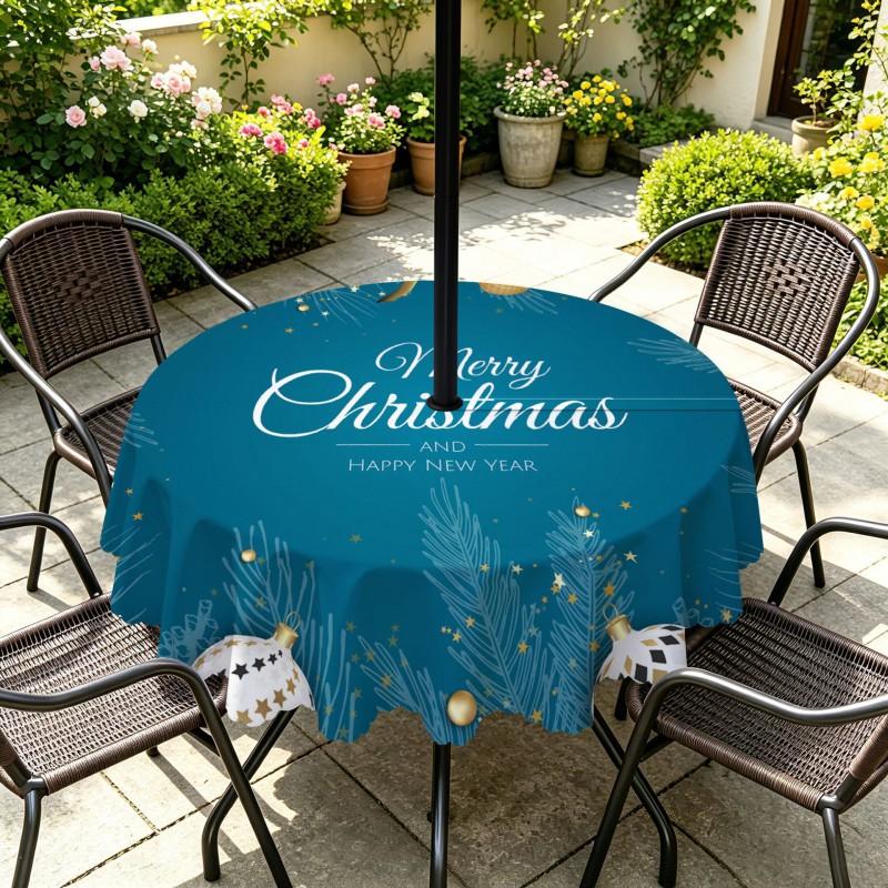 Outdoor Christmas Tablecloth Round Waterproof Oil-Resistant Patio Table Cover Garden Deck Umbrella Hole