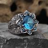 Huajie Men's Classic Blue Hexagonal Star Shaped Zircon Rings Retro Carving Patterns Ring Delicate Trend Tide