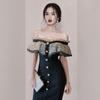 New 2021 Summer Dot Mesh Lace Party Dress Slash Neck Sexy Bodycon Black Knee-Length Occasion Vestido Feminino