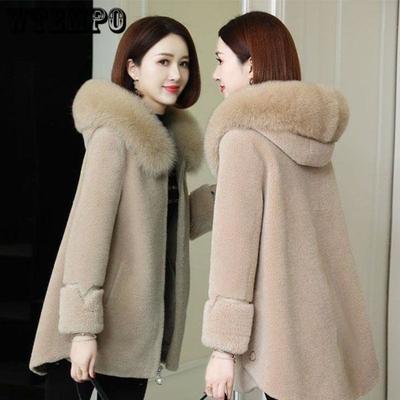 Roupas de inverno Grão Veludo Espessamento e Algodão Imitação de Ovelha Tosquia Com Capuz Grande Gola de Pele Cintura Imitação de Pele Casaco de Comprimento Médio Casaco Feminino