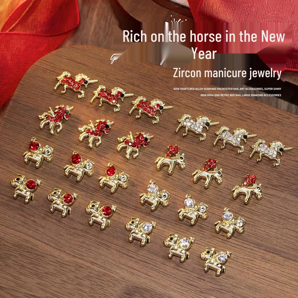 2026 Year of the Horse Luxury Alloy Nail Art: Zodiac Horse Glitter Zirconia Diamond Decorations for Fortunate Nails