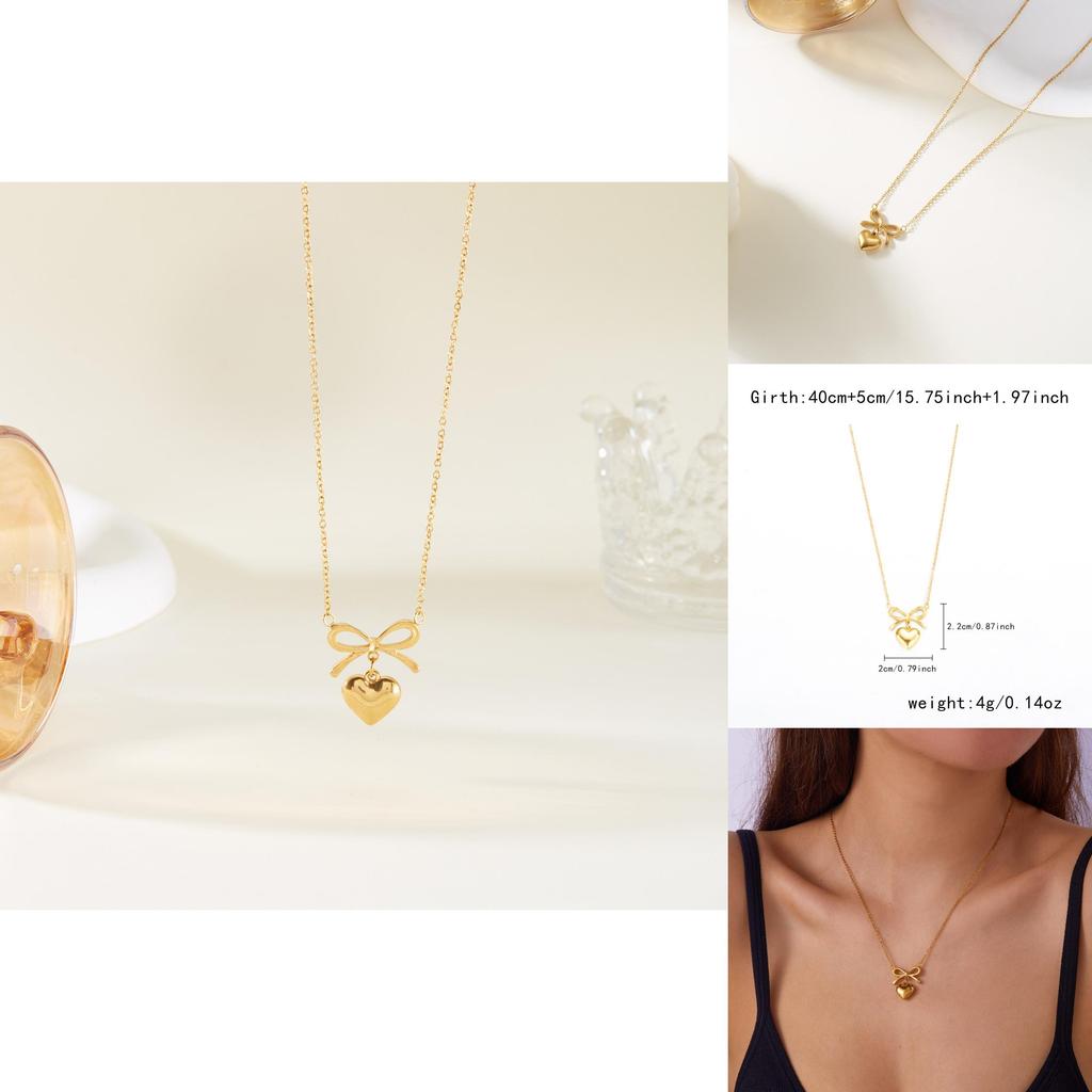 Elegant Heart Shape Pendant Necklace With Butterfly Bow Design In Stainless Steel For Daily Wear