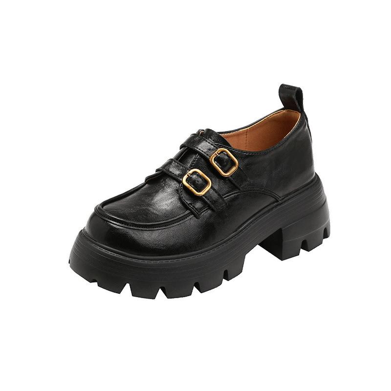 New inner height increase 8cm double-breasted buckle thick heel thick sole loafer single shoes women's small leather shoes women's