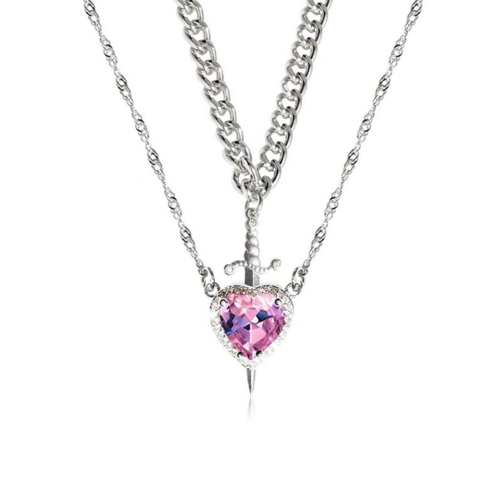 

2pcs Set Original Design Pink Crystal Heart Short Sword Double-layer Pendant Necklace for Women Personality Retro Jewelry Sets