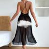 Heißes Netz-Camisole-Nachthemd mit tiefem V-Ausschnitt und hohem Schlitz, einfarbig, sexy, langes Loungewear 713 Glitzerndes, gewagtes Nachtwäsche, verziert mit glänzenden Strasssteinen