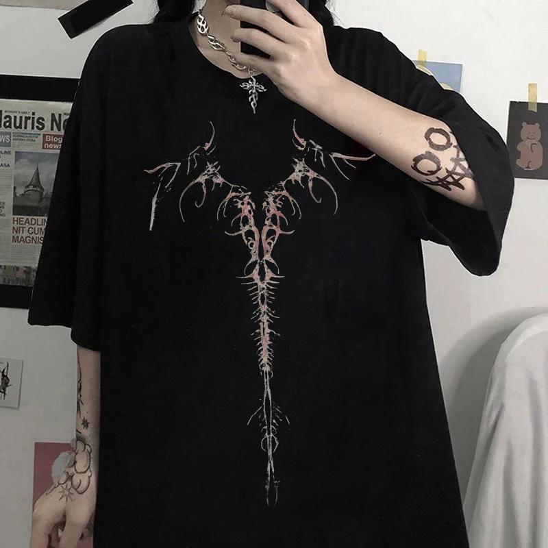 Женская одежда 2024 Лето Женская Y2K Черная Готическая Винтажная Футболка с Татуировкой Пустошь Панк, Харадзюку Оверсайз Футболка S