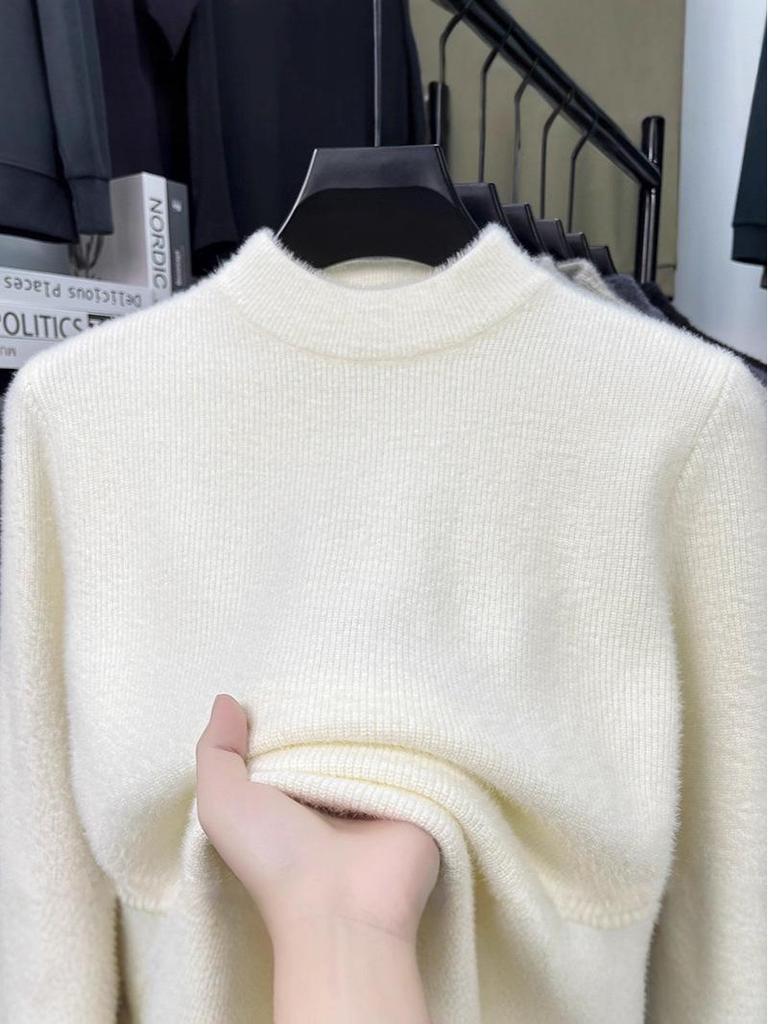 Men's High Neck Solid Color Thick Knit Sweater - Velvet Warm Base Layer for Autumn/Winter