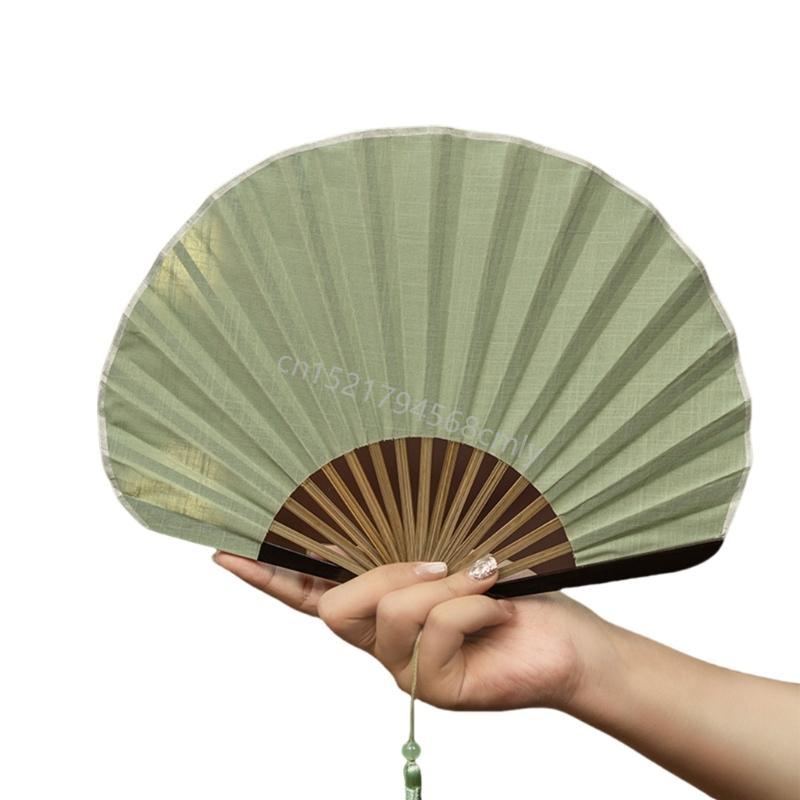 Solid Color Shell Fan Natural Fiber Fabric Foldable Breathable Handheld Retro Cooling Fan 6XDE