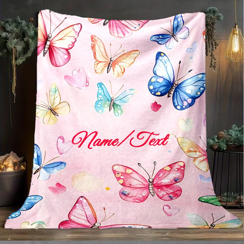 1PC Custom Name Butterfly Dreams Pink Background outdooor Flannel blankets Throw Blanket All-Season Throw Gift Bedspread for Couch, Bed, Camping Holid