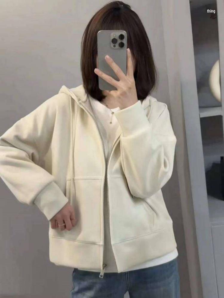 

Женская толстовка с капюшоном в корейском стиле - С длинным рукавом, Весна 2025, Повседневная, Омолаживающая, Универсальный кардиган Large грязно-белый