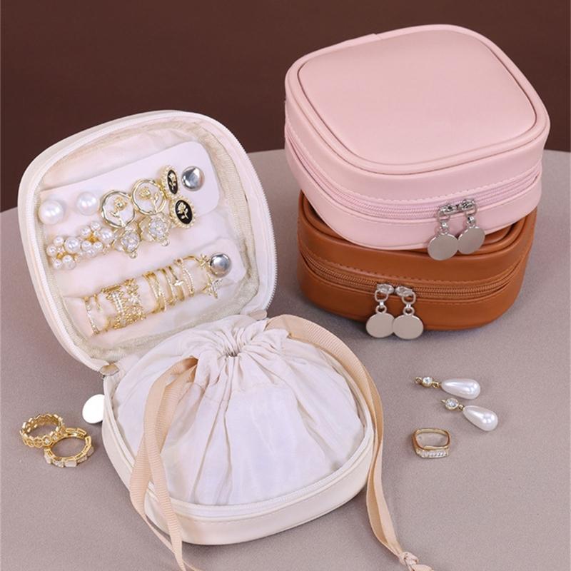Leather Jewelry Storage Bag With Adjustable Drawstring Design Safely Holds Earrings Necklaces Rings Portable Organizers