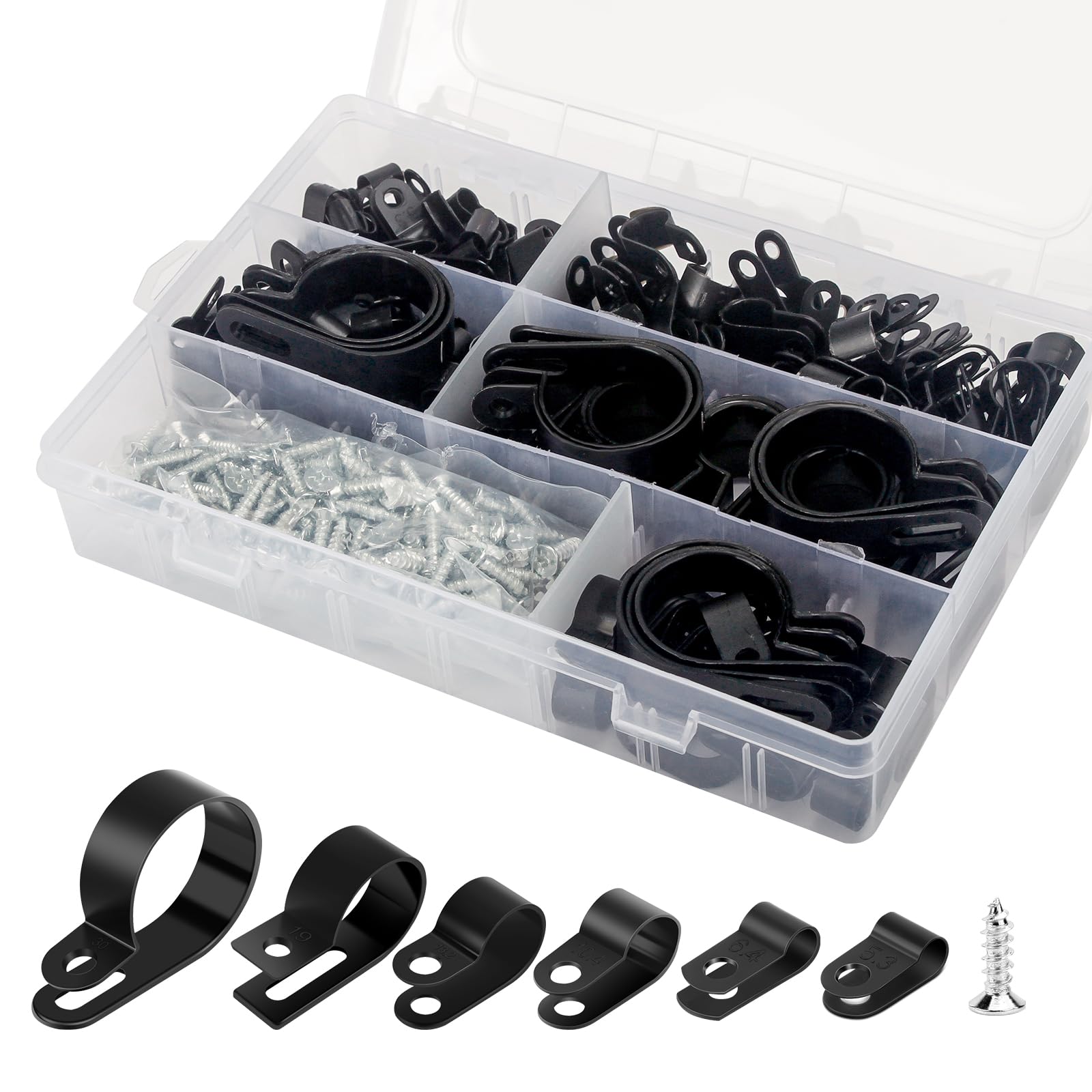 

VIPMOON Cable Clip Screw Type 200 Pieces Cable Clamp Cord Clip R Type Wire Clamp 19mm 30mm 6 Types Wire Stop Nylon Cable Fixture Black 5.3mm 6.4mm чорний