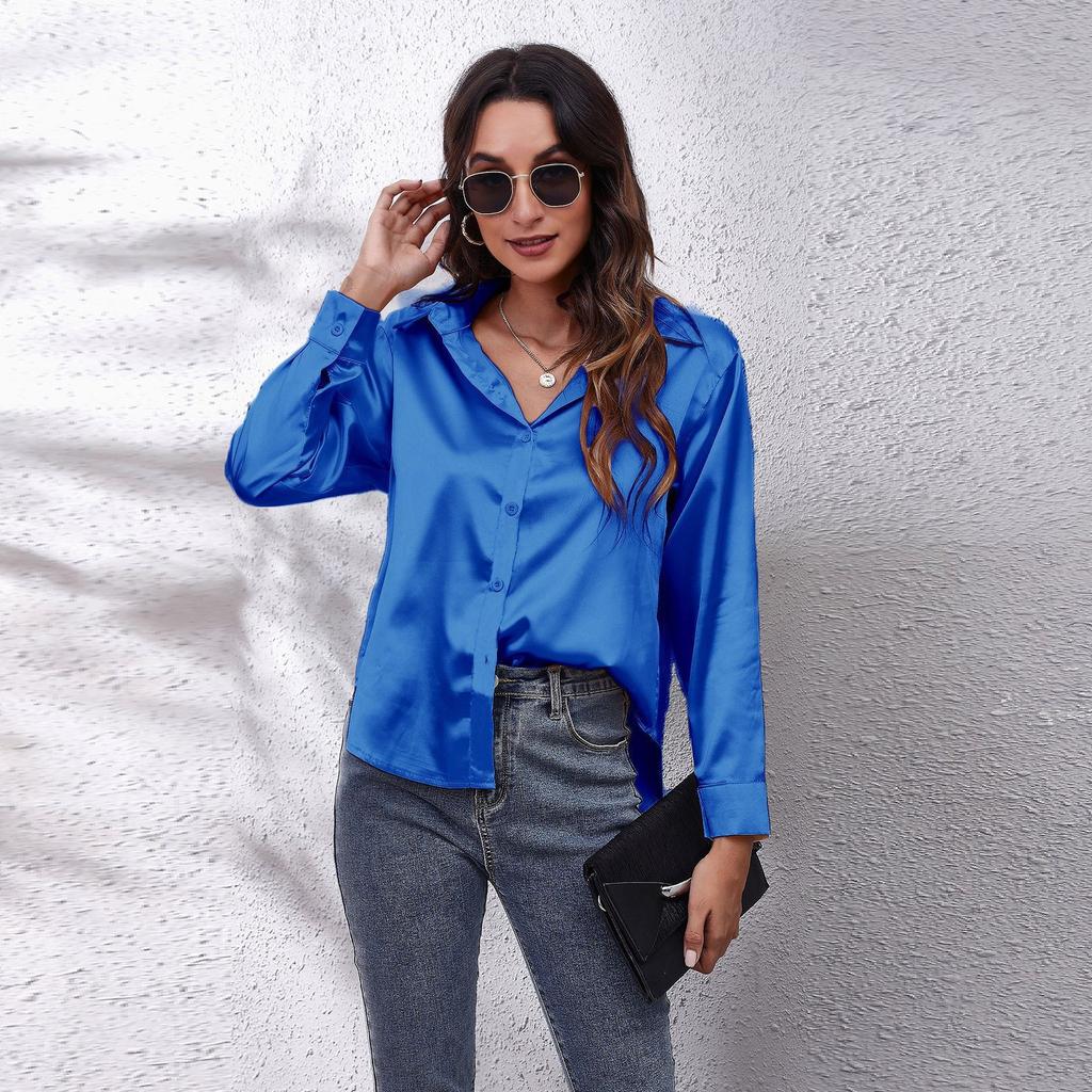 . Real Shot, Satin Shirt, Women's Satin Imitation Silk Long-sleeved Shirt, New European and American Women's Clothing