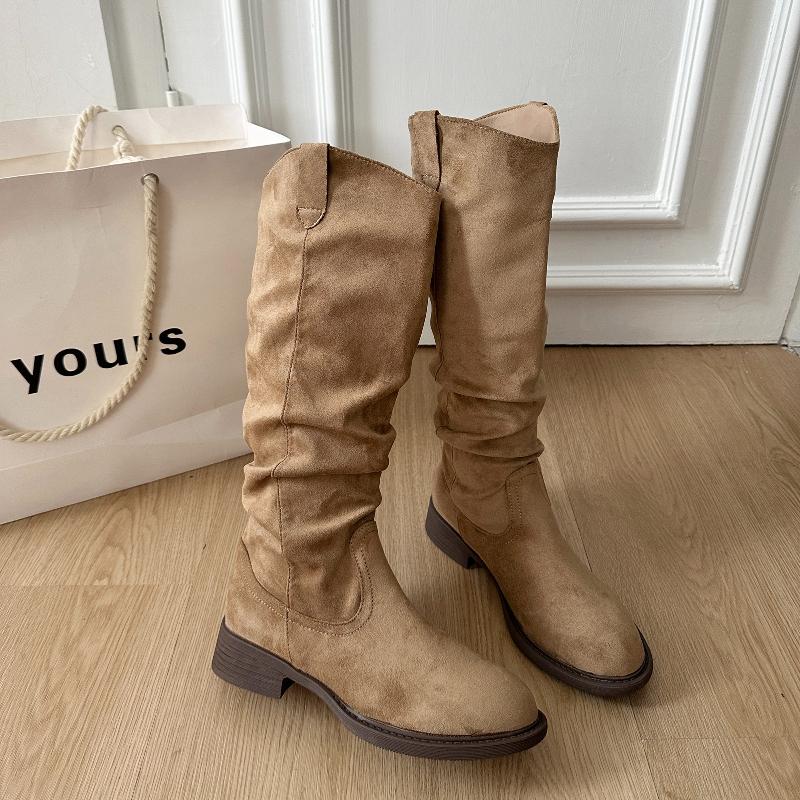 

Осень Зима Женские Ковбойские Сапоги на Низком Каблуке Модные Мягкие Плиссированные Туфли Женские Винтажные Слипоны Длинные Ботильоны 40 абрикосовый