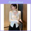 T-shirt da donna a maniche lunghe con fiori arricciati e scollo a V, top primaverile slim fit