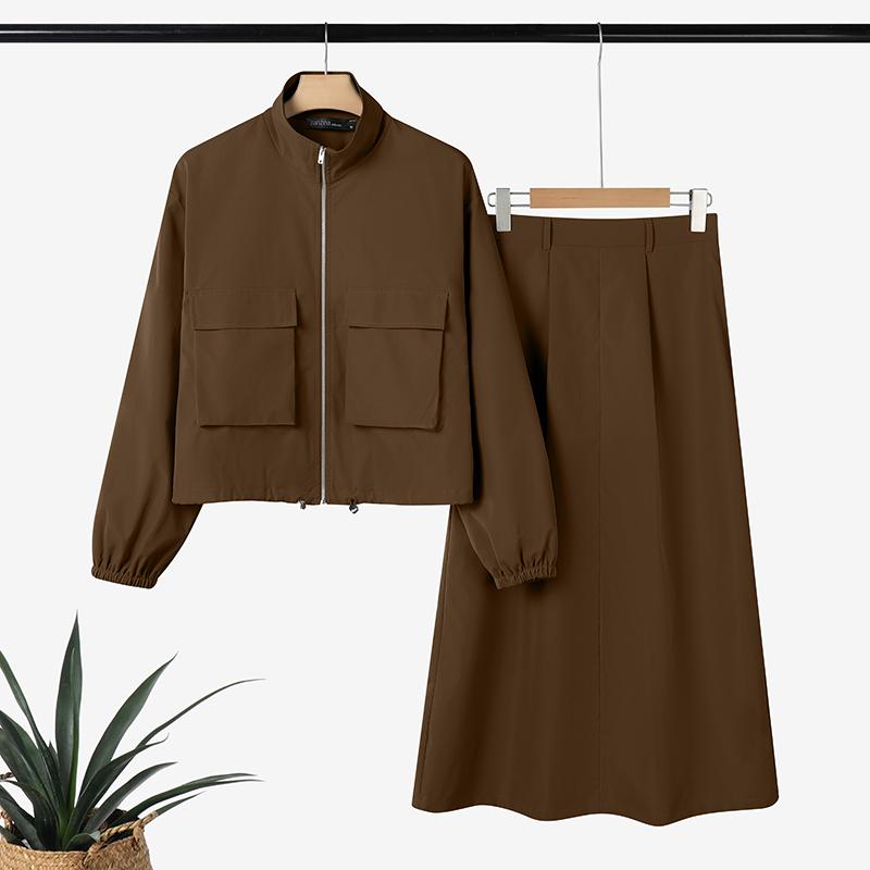 

ZANZEA Women Long Sleeve Zipper Blouse and Skirts Casual Two Piece Suit Sets 2XL світло-коричневого кольору