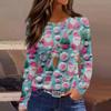 Women's Fashion Casual Slit Hem Round Neck Long Sleeve Loose  Printed T-Shirt Ladies Top