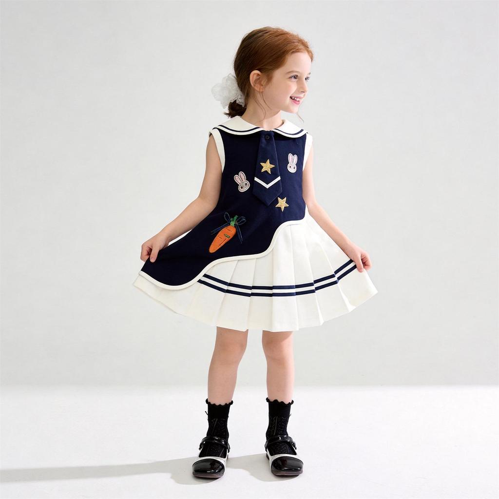 Sommerkleid für Mädchen mit Matrosenkragen, Cartoon-Print, ärmellos, Faltenrock - Koreanischer Freizeitstil