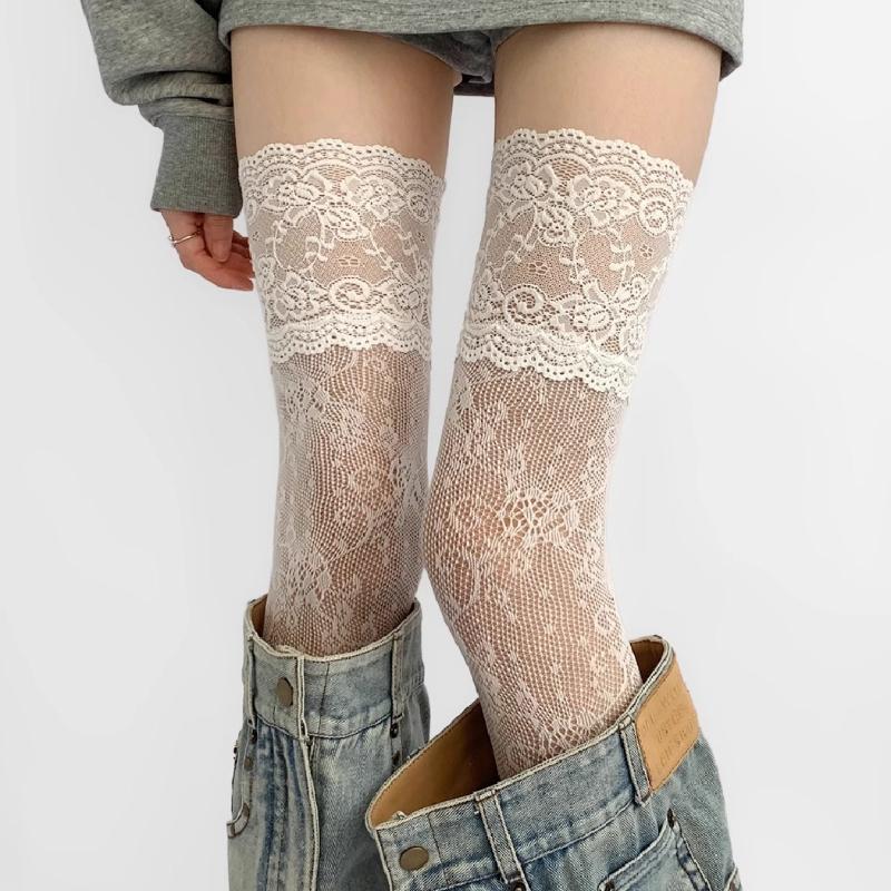 Chaussettes Longues Bordées de Dentelle Féminines Sexy Dentelle Transparente Chaussettes au-dessus du genou pour Femmes
